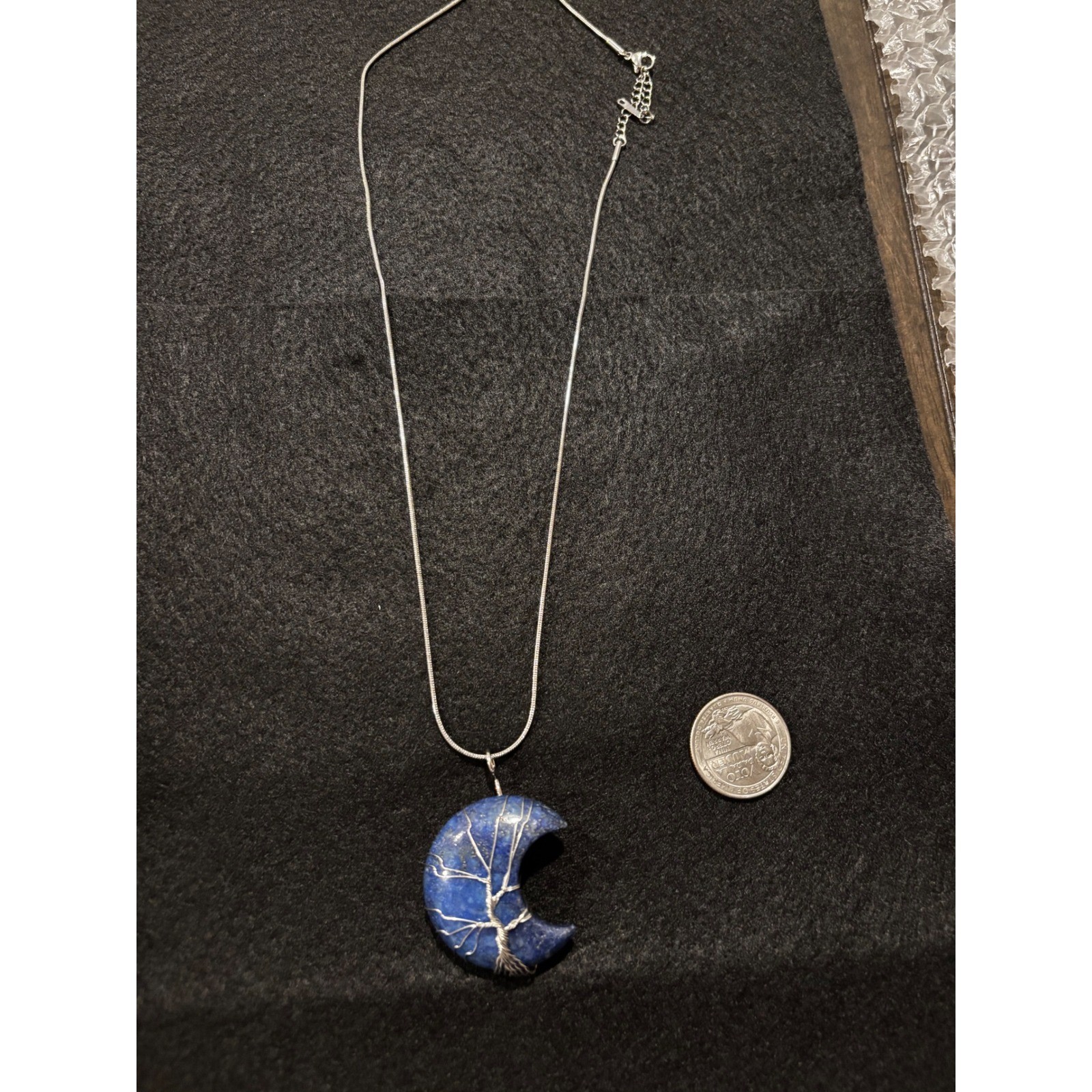 Lapis Lazuli Crescent Moon Tree of Life Wire Wrapped Necklace Silver Tone Chain