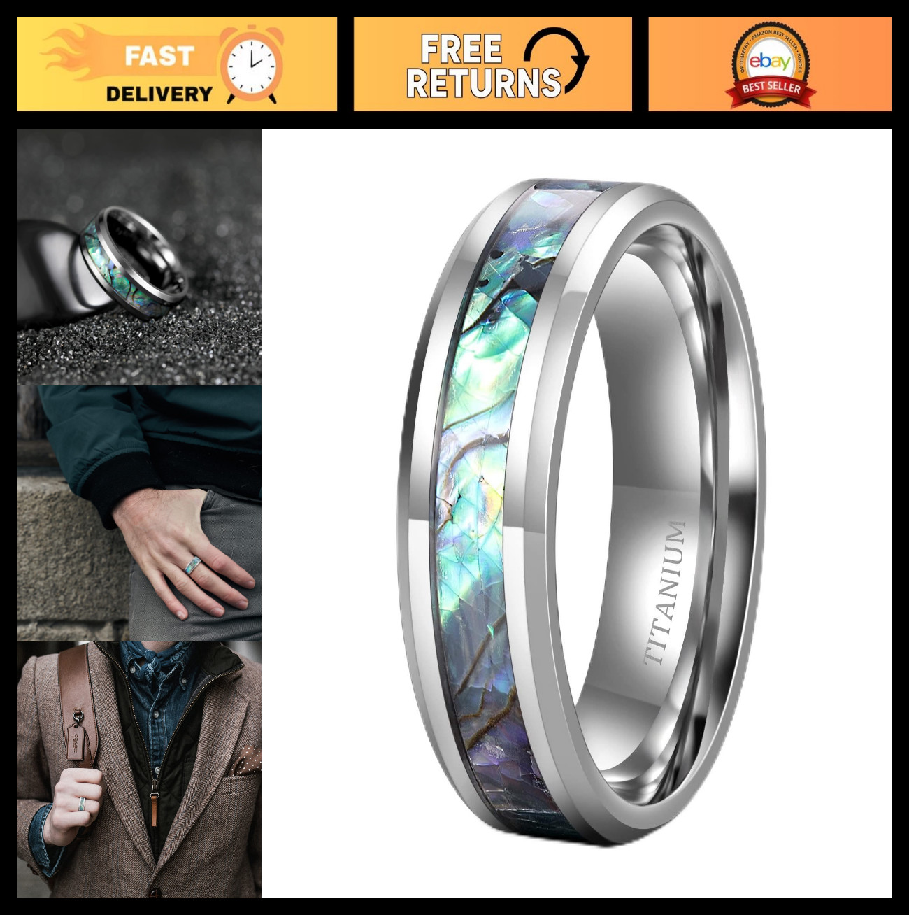 Titanium Wedding Bands 8MM Comfort Fit Abalone Shell Ring for Men & Women, Size