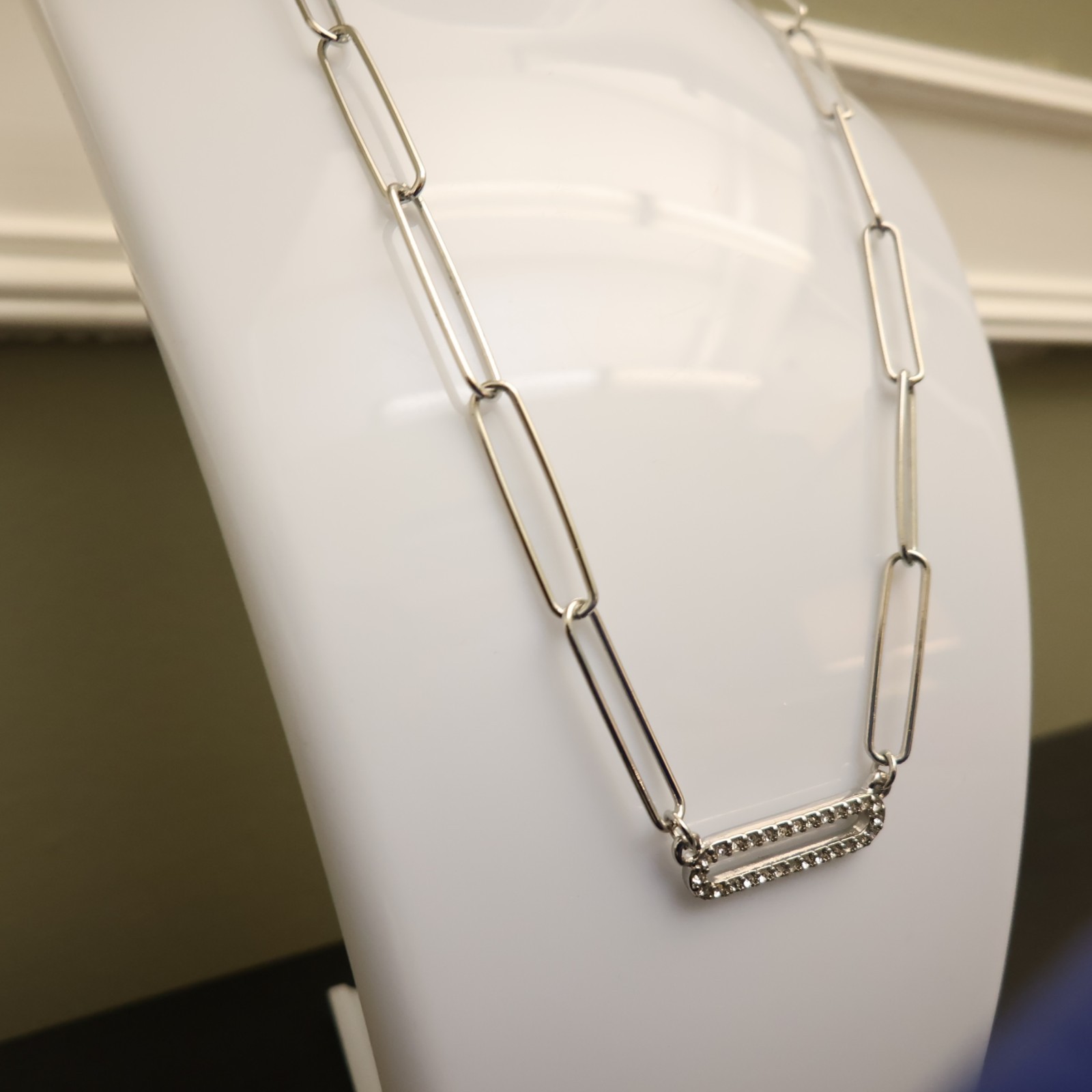 Marlyn Schiff necklace paperclip chain silvertone w crystals signed nickel free