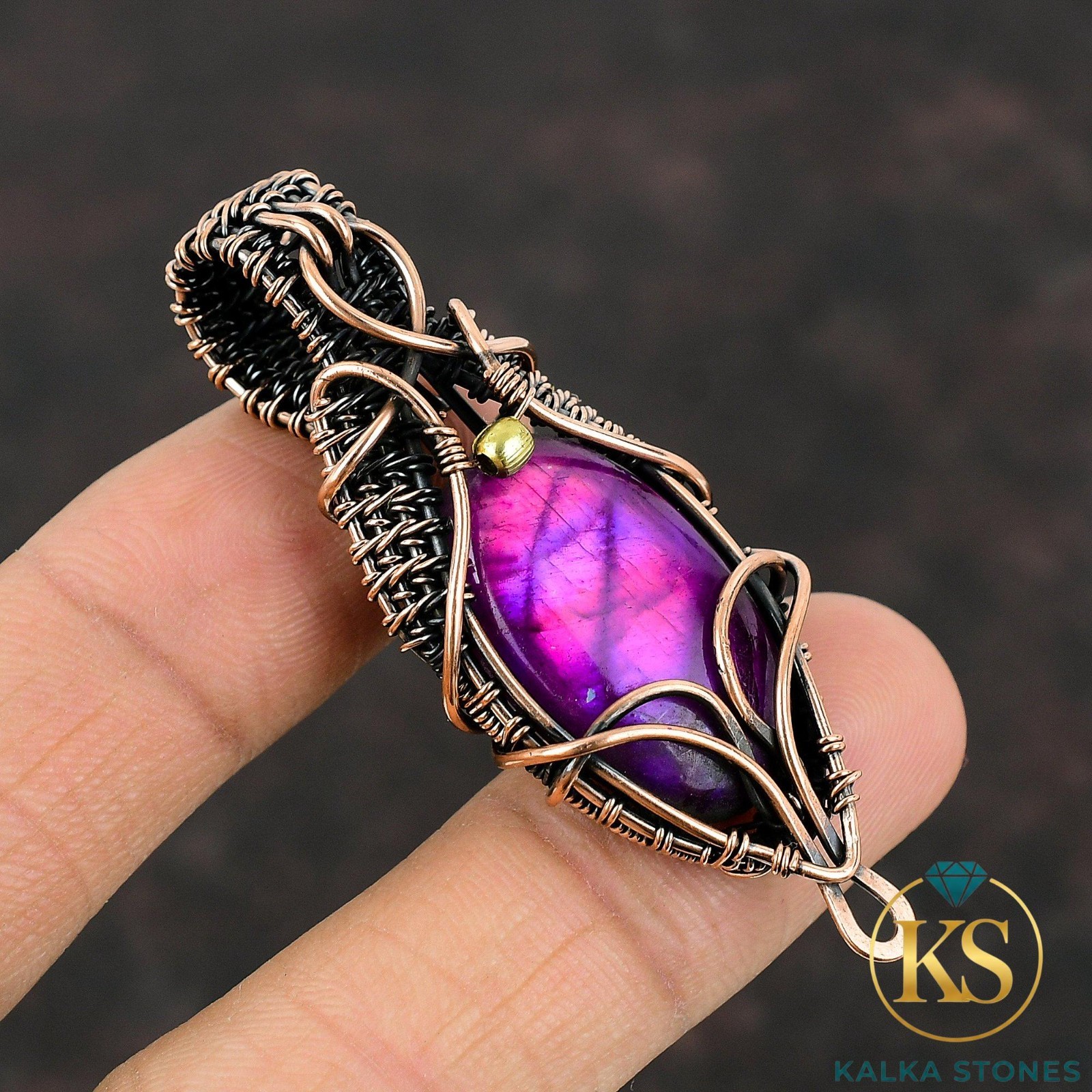 Womens day Deal Copper Pink Fire Labradorite Stone Trendy Wire Wrapped Pendant