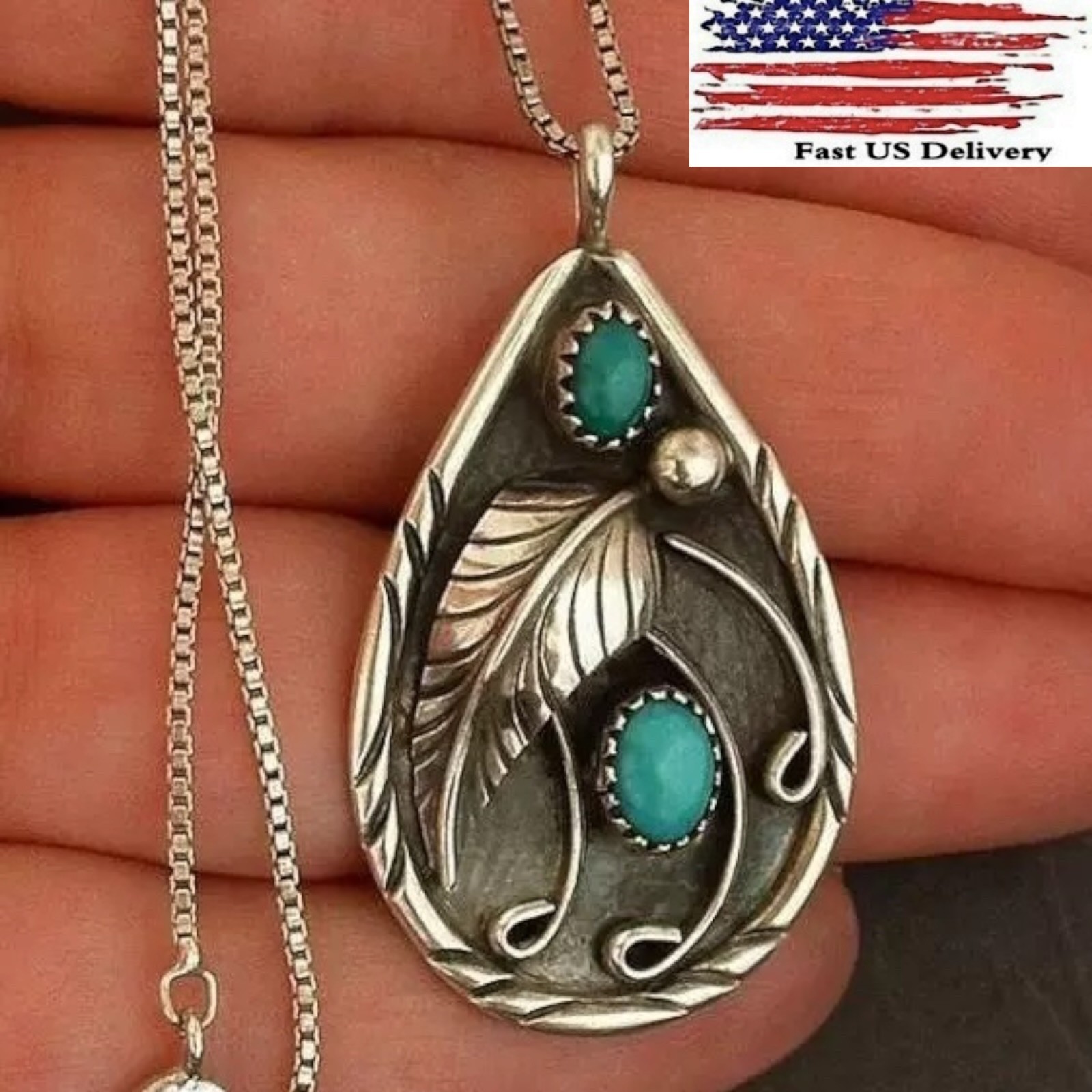 Tibetan Silver Plated Blue Turquoise Chain Crystal Pendant Necklace C10