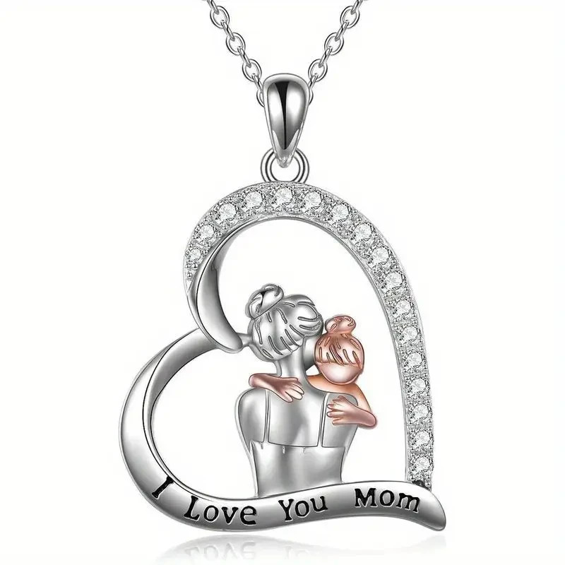 Mom & Daughter I Love You Mom Rhinestone Pendant Necklace Silver Toned