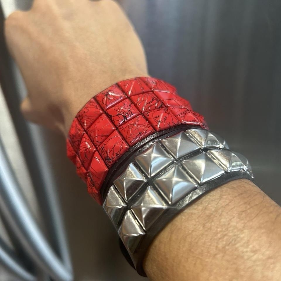 2 PCs Red Black and Silver faux leather Gothic studded Punk Bracelets