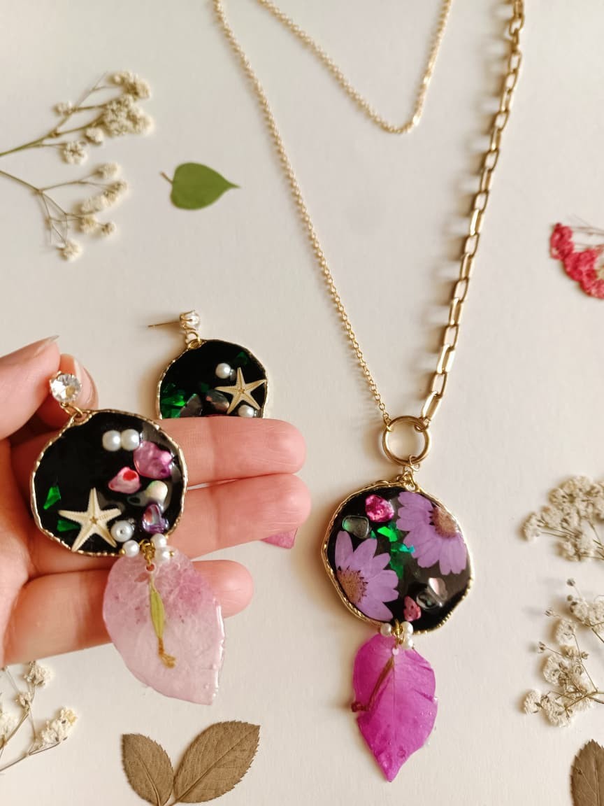 Real Starfish Bougainvillea Leaf Necklace Earrings Set Resin Pearl Flower Gift