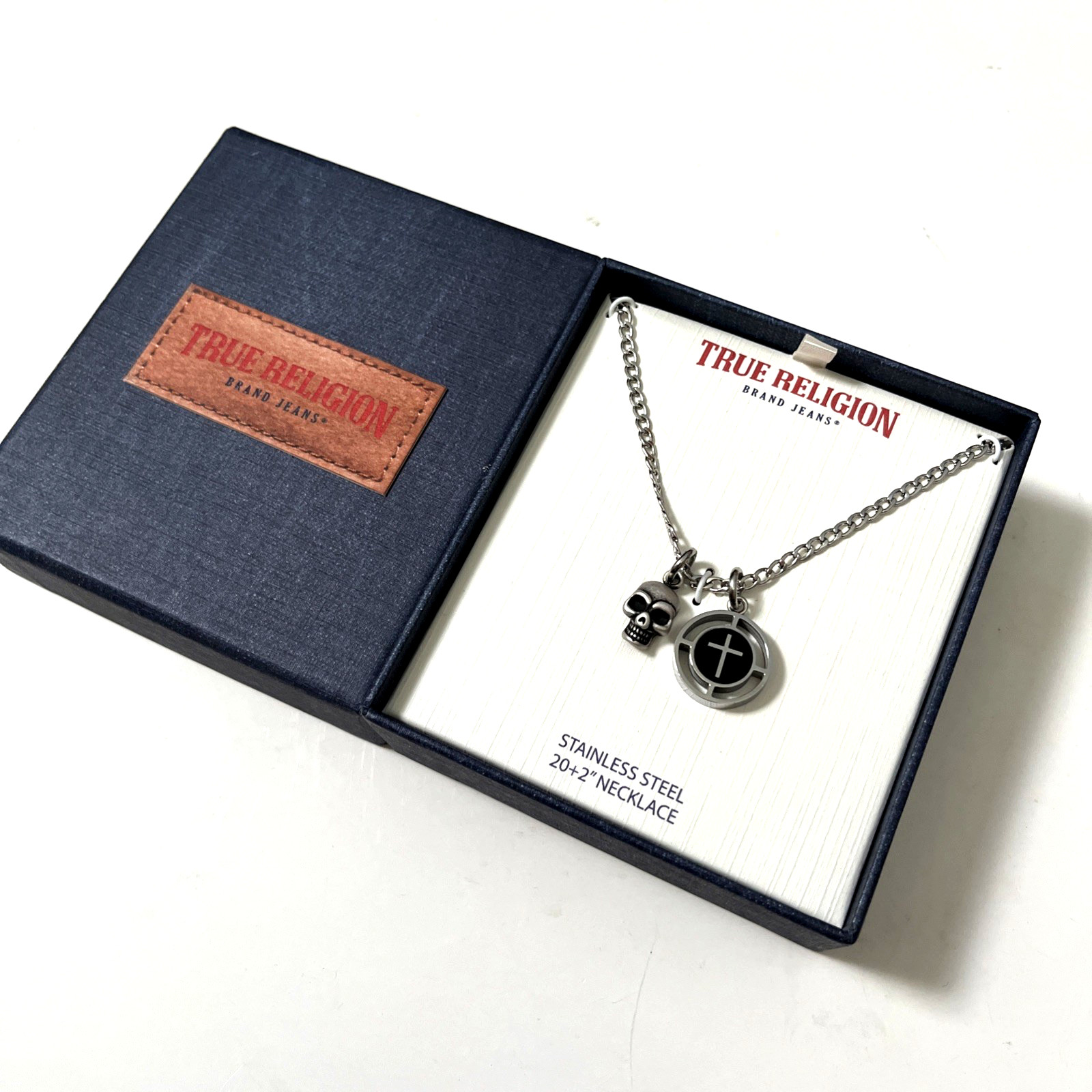 NWT True Religion Skull Cross Charm Necklace Stainless Steel 20-22″ Adjustable