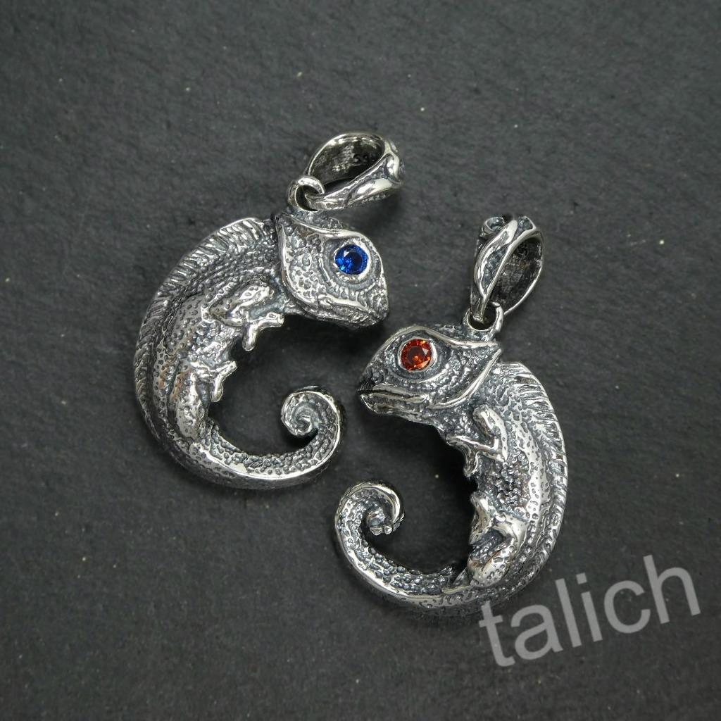 925 Sterling Silver Chameleon Lizard Pendant with Red or Blue CZ Eyes Unique