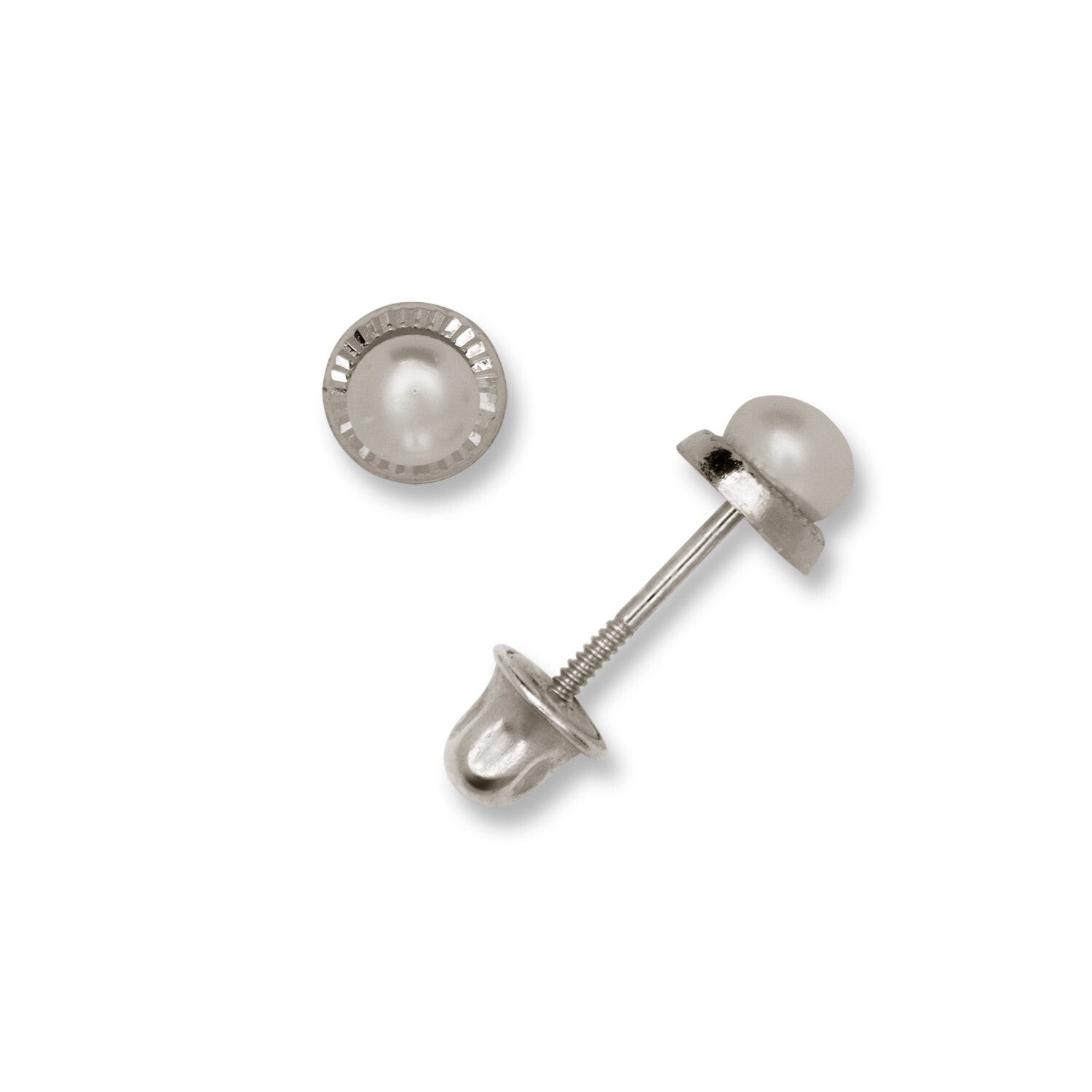 14K Yellow & White Gold Tiny Bezel Pearl Screw Back Studs Earrings for Women