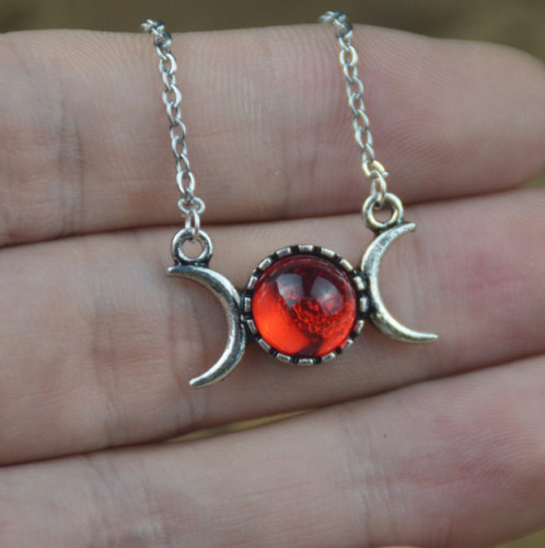 TRIPLE RED MOON WICCA crystal pendant 925 Sterling Silver plated Necklace Gift