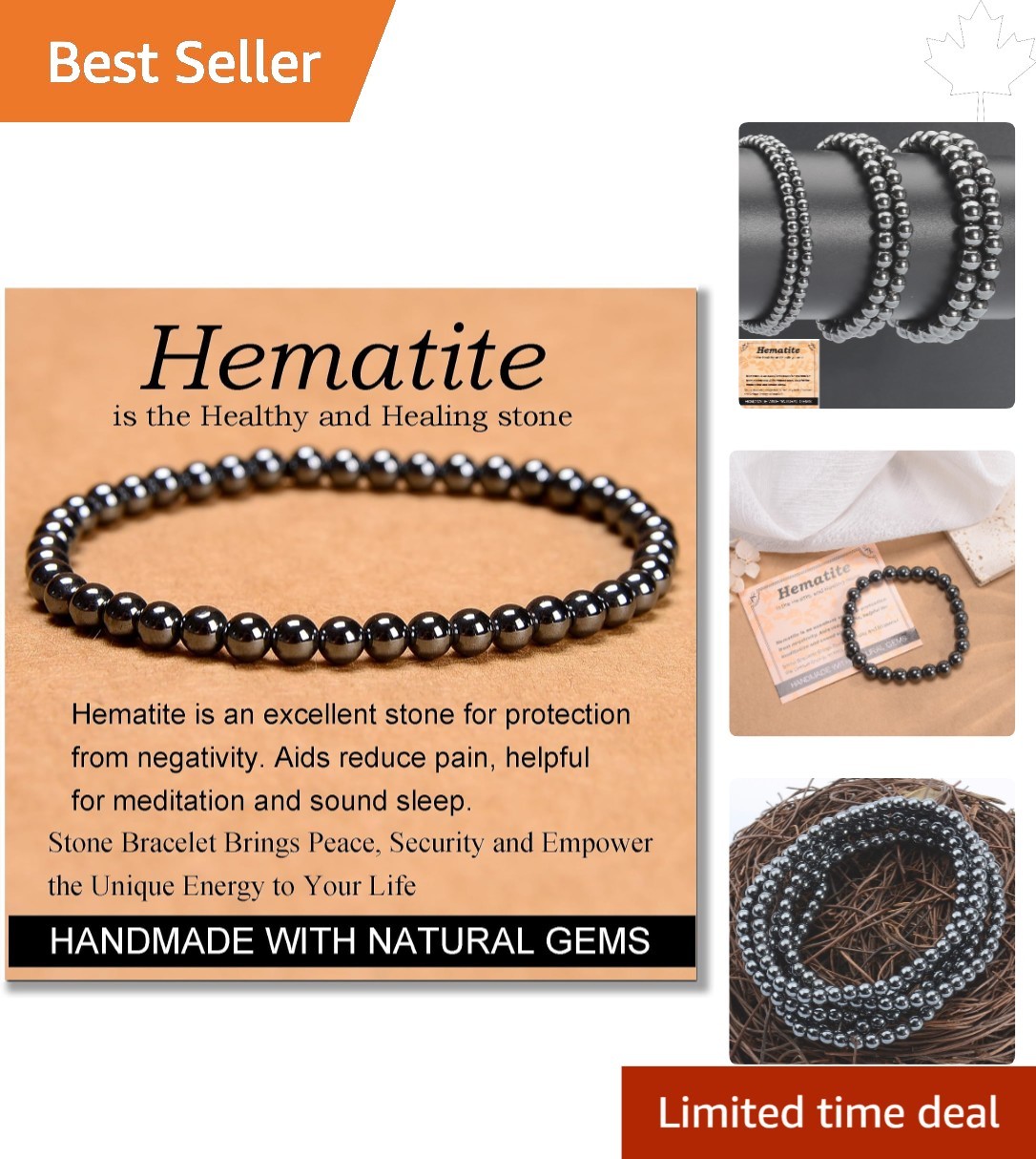 Hematite Healing Bracelet – Adjustable Macrame Design Gift for Unisex Adults