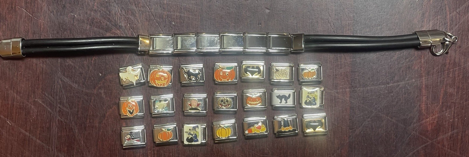 VTG Halloween Ghost Cat Witch Pumpkin Candy Corn 9mm Italian Charms + Bracelet