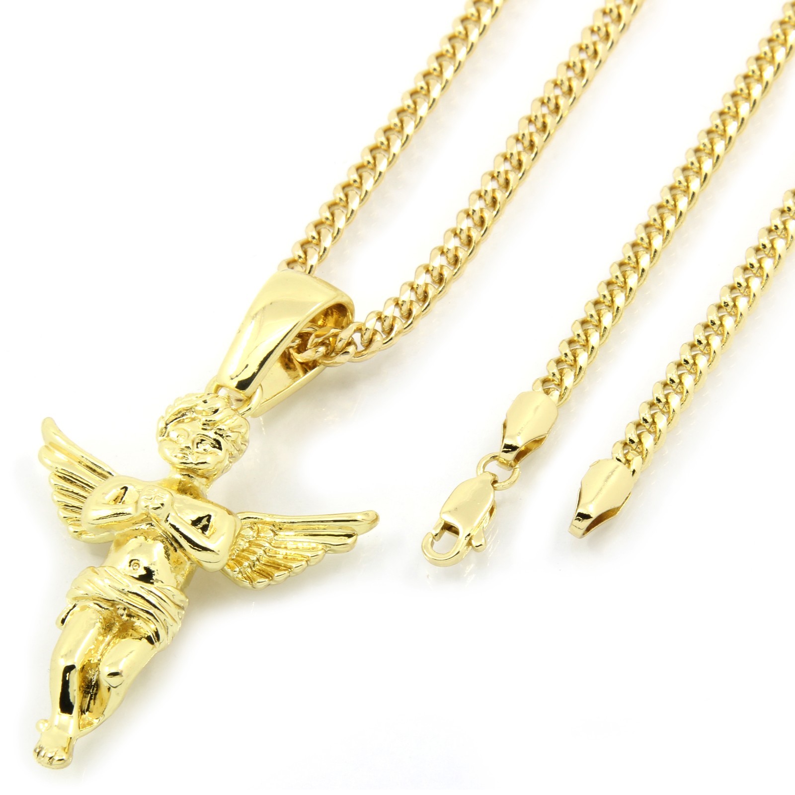 Men’s 14k Gold Plated Open Wings Angel Pendant Hip-Hop 30″ Cuban Chain