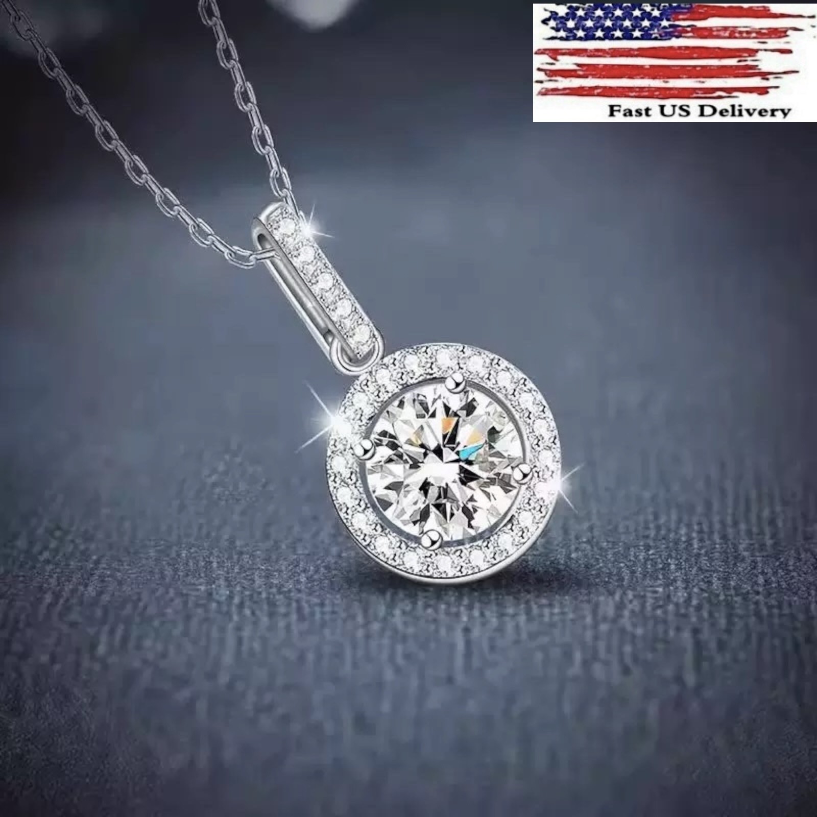 925 Sterling Silver Halo Round CZ Pendant Necklace 18″ Chain Gift Box B32