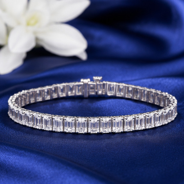 7ct Emerald Cut Simulated Diamond Sparkling Tennis Bracelet 14KWhite Gold Plated