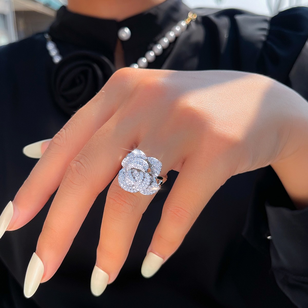 Exquisite Flower Engagement Ring Silver Plated CZ Zirconia Adjustable Women Gift