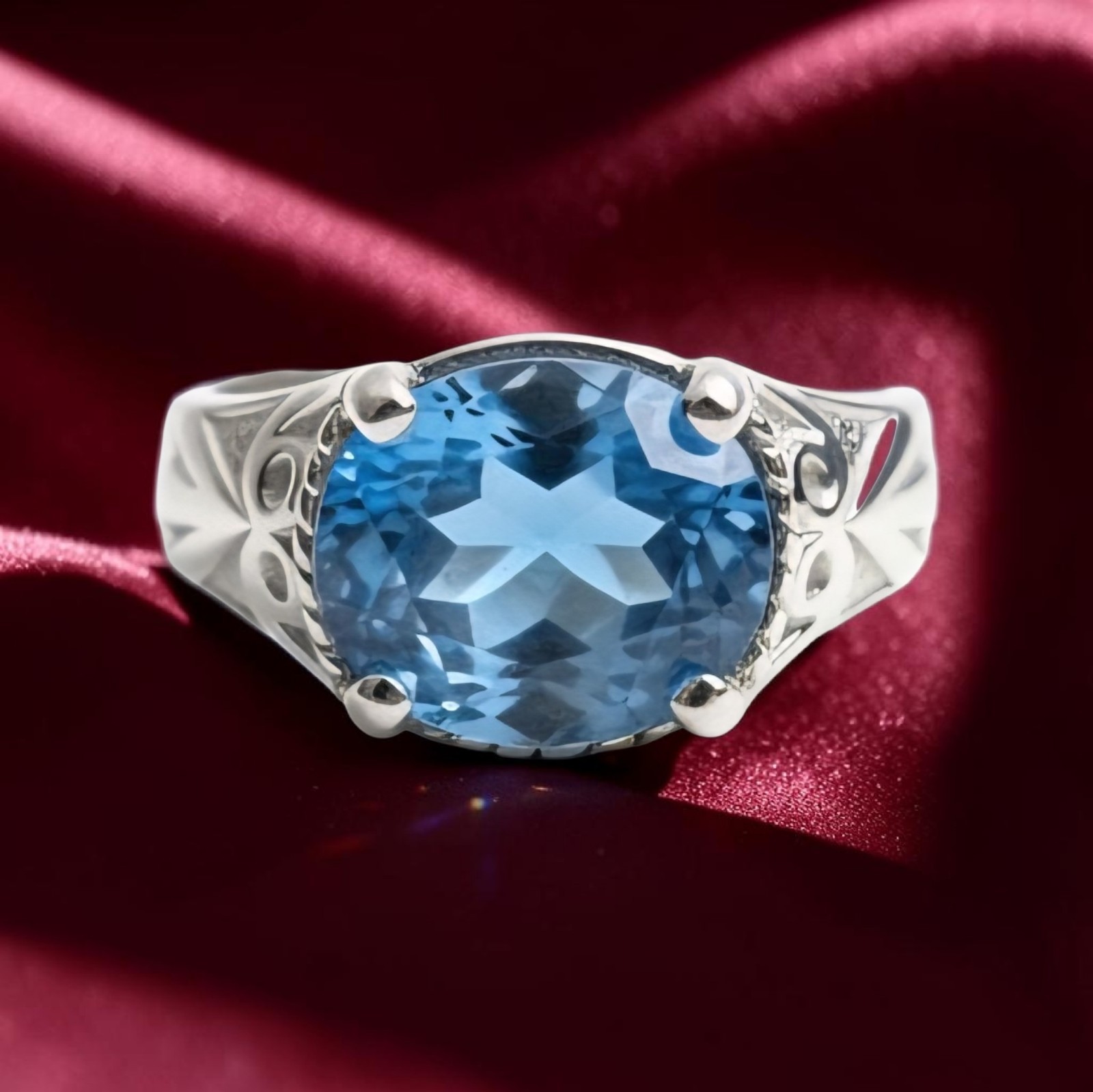 Sterling Silver Oval Blue Gemstone Cocktail Ring Prong Set Scroll Band Size 8.5
