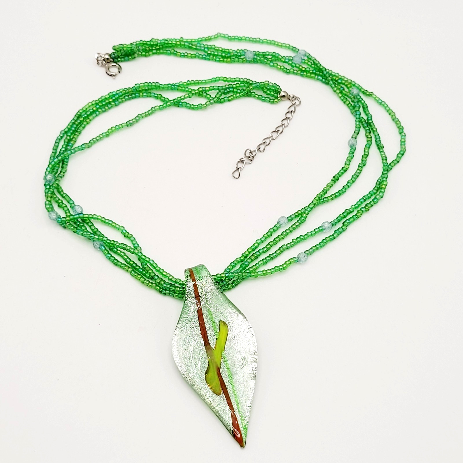 Green Art Glass Pendant Iridescent Seed Bead Multi Strand Necklace Vtg Y2K Era