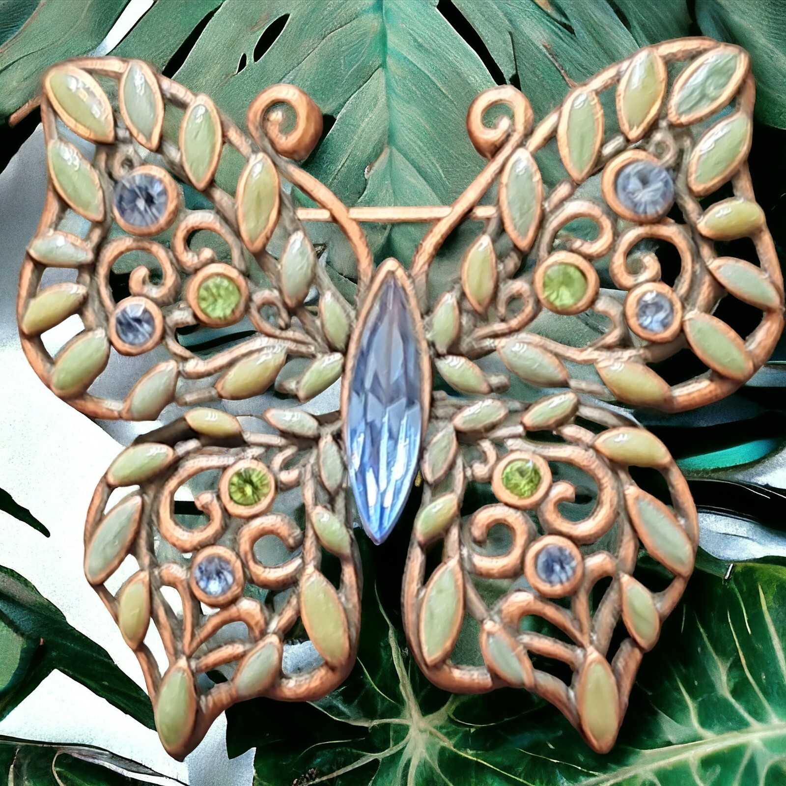Vintage Copper Butterfly Blue Green Crystals Enameled Brooch