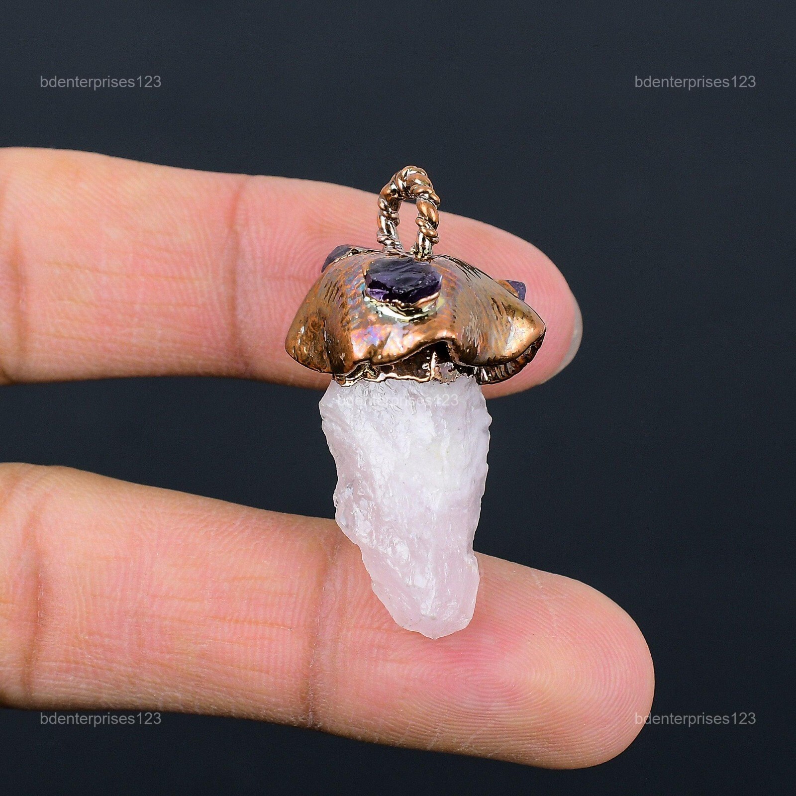 Pentagon Rose Quartz Rough Gemstone Sister Electroformed Pendant Jewelry Copper