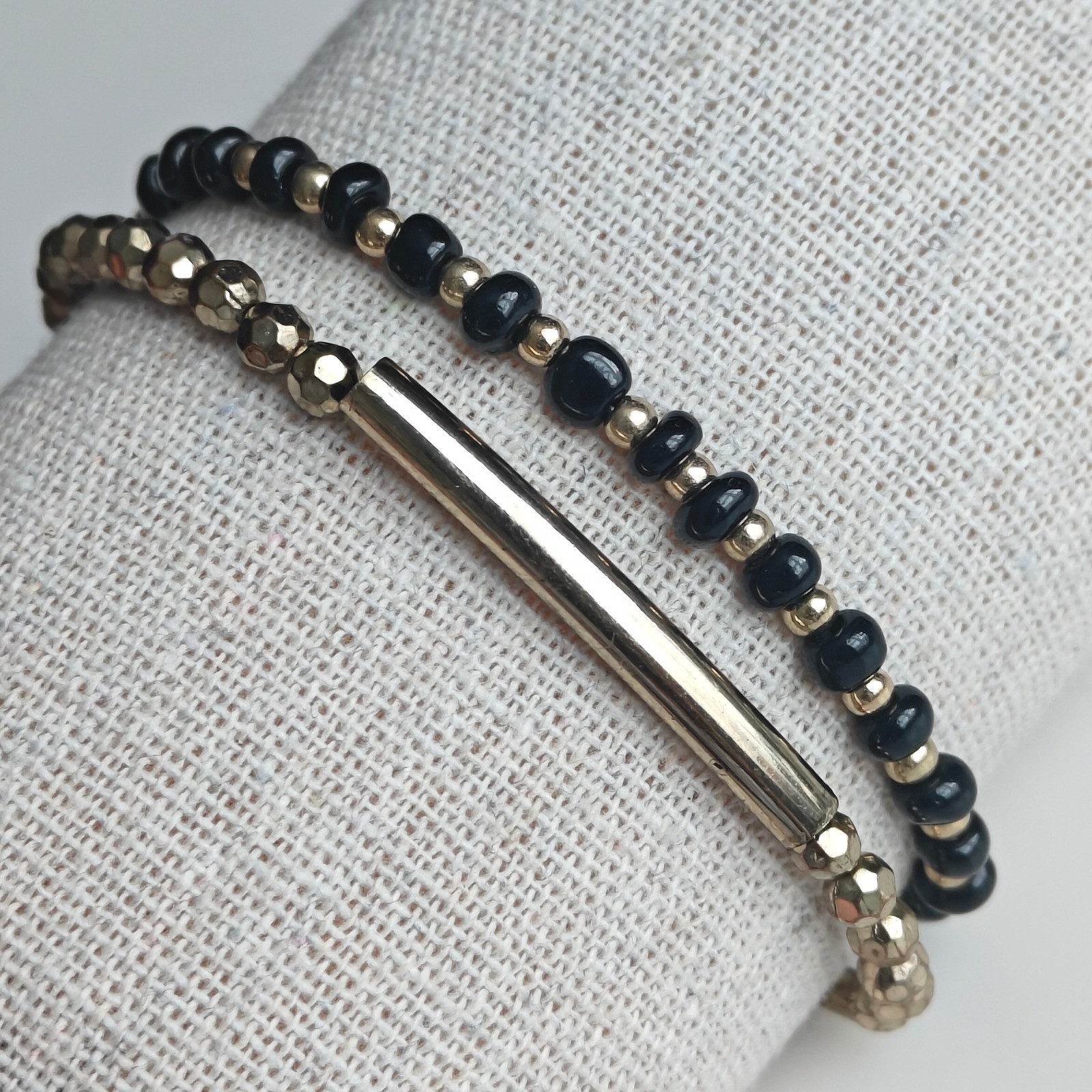 Black and Gold Beaded Stretch Bracelet Set Double Strand Bar Accents Womens