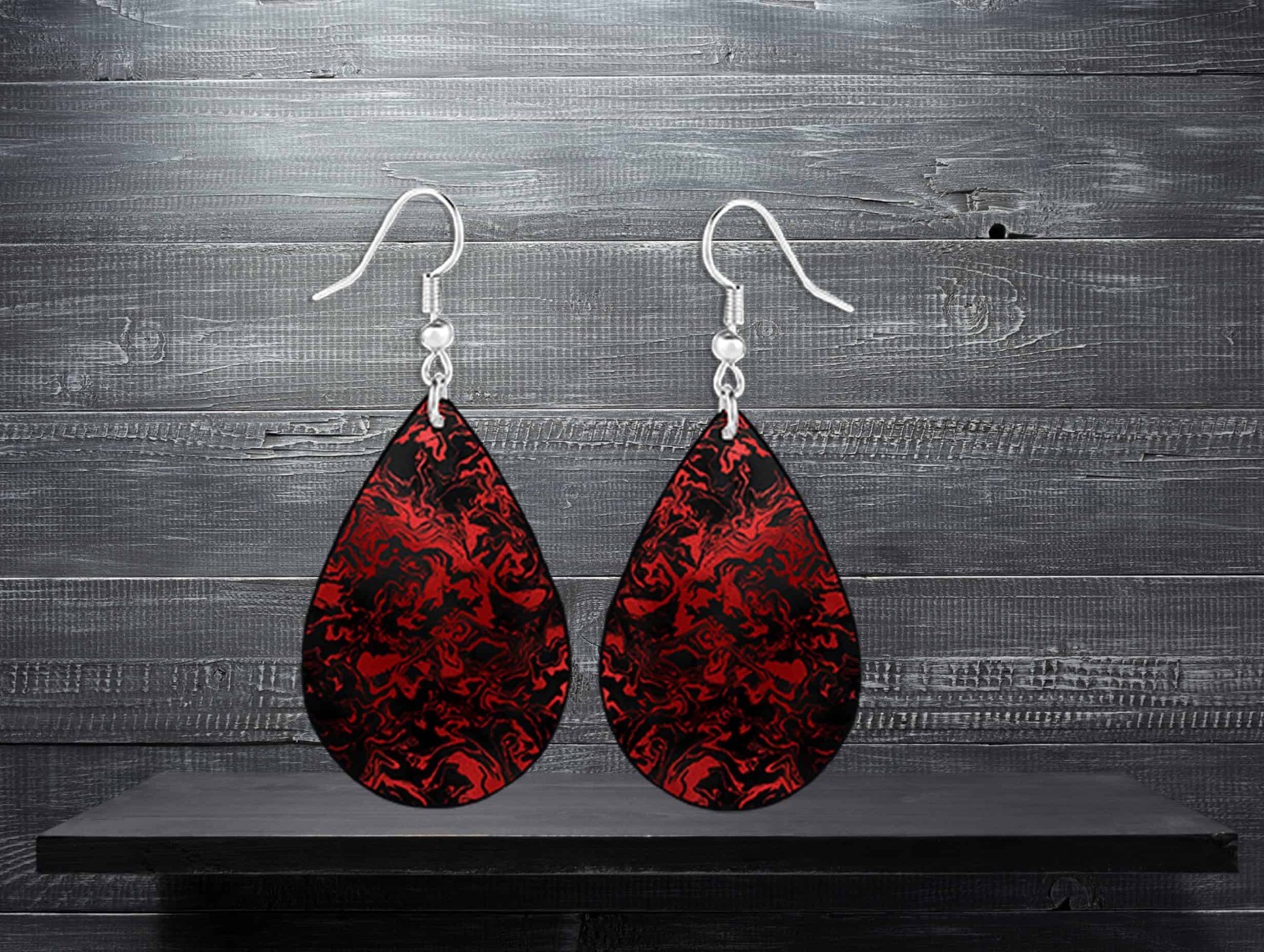 Red Black Marble Teardrop Earrings Gothic Abstract Swirl Dangle Jewelry