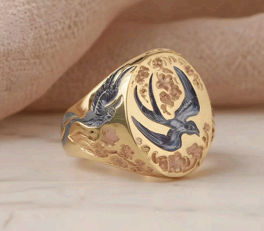 Rose Gold Copper Signet Ring Swallow Bird