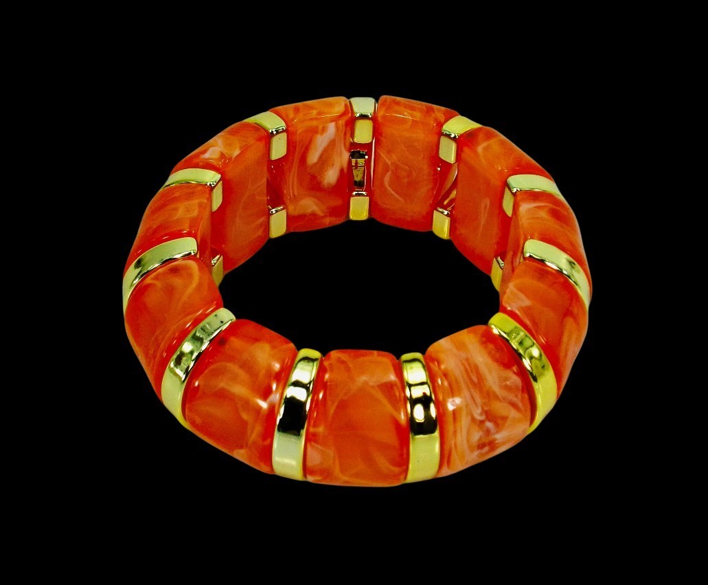 Orange Gold Chunky Stretch Statement Bracelet Bold Fashion Jewelry 1.05″ W NEW