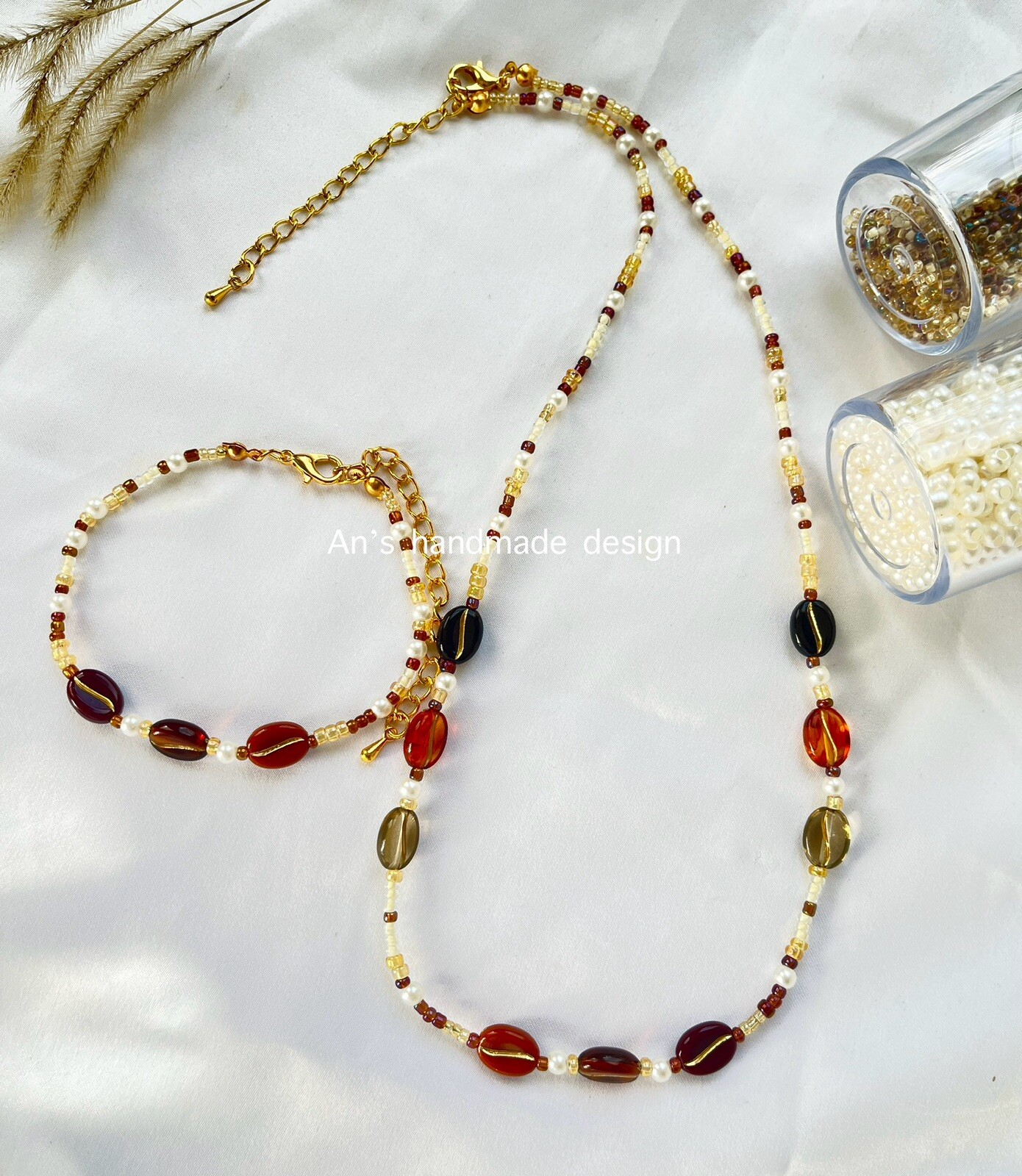 Women Gold Adjustable Coffee Beaded Necklace Pearls Bracelet Handmade Jewelry