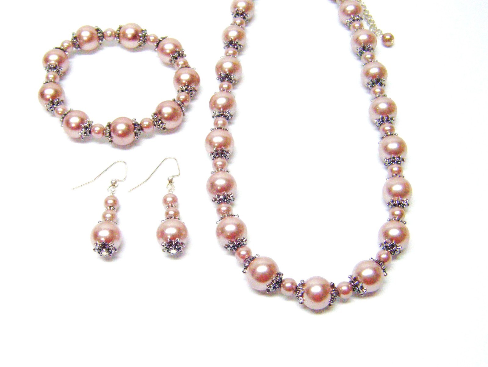 6/12mm Smoke Glass Pearl Necklace/Bracelet/Earrings w/Silver Plated Bead Caps