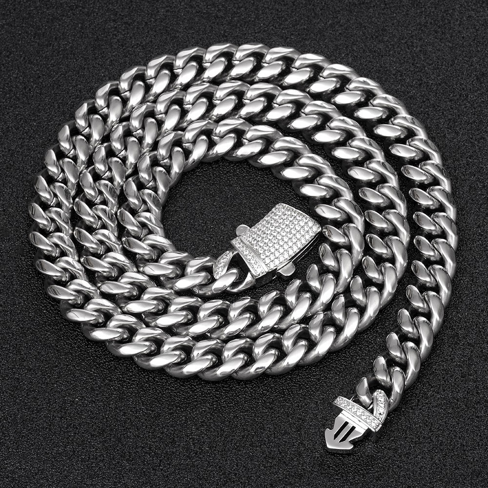 Men’s Silver Stainless Steel Miami Link Chain Necklace Shinny Clasp 14mm*60cm