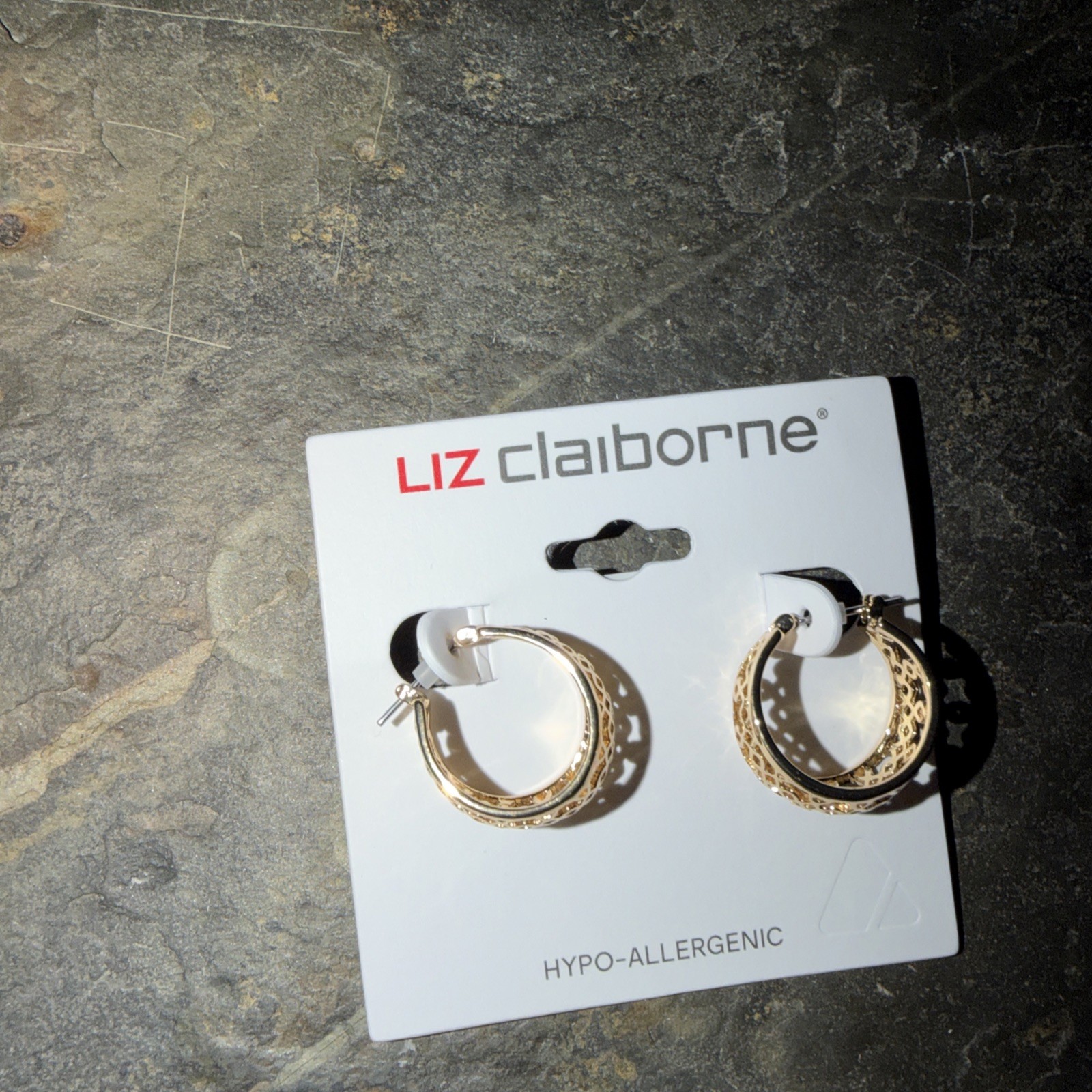 Liz Claiborne Hypoallergenic Gold Tone Huggie Hoop Earrings Textured Hammered Pi