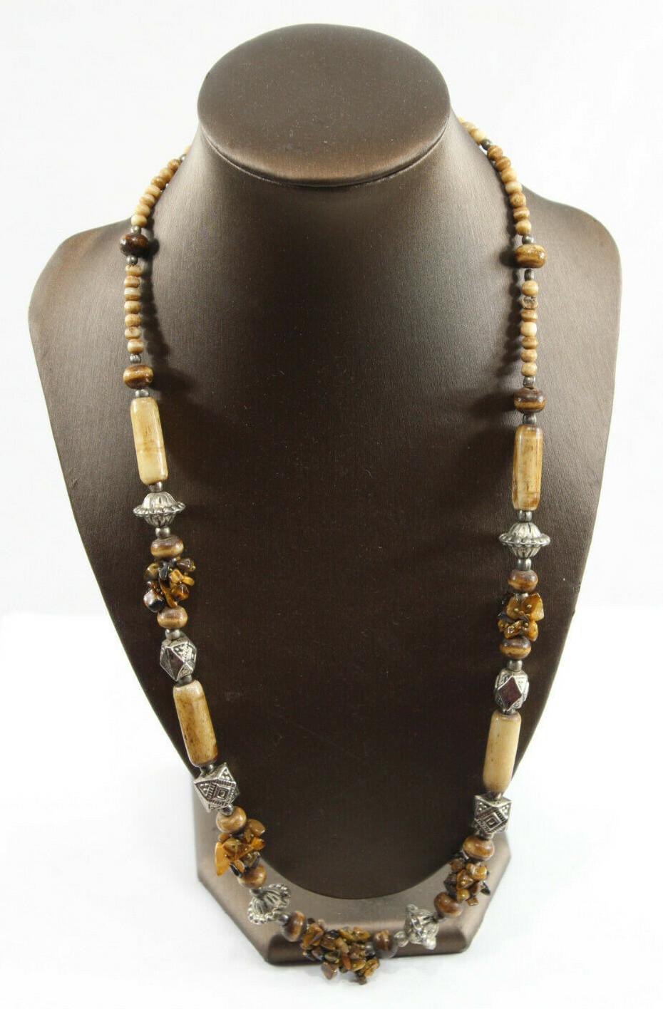 Necklace Plastic Bead Stone Brown White Silver Gold 25″