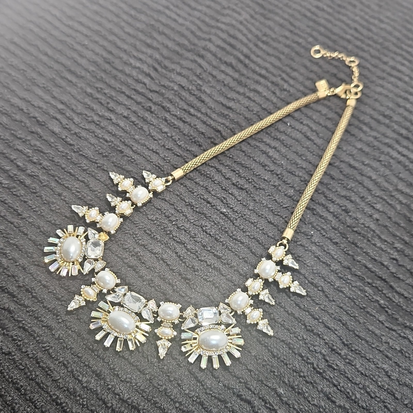 BaubleBar Gold Tone Mesh Chain Statement Necklace Faux Pearl Crystal Adj