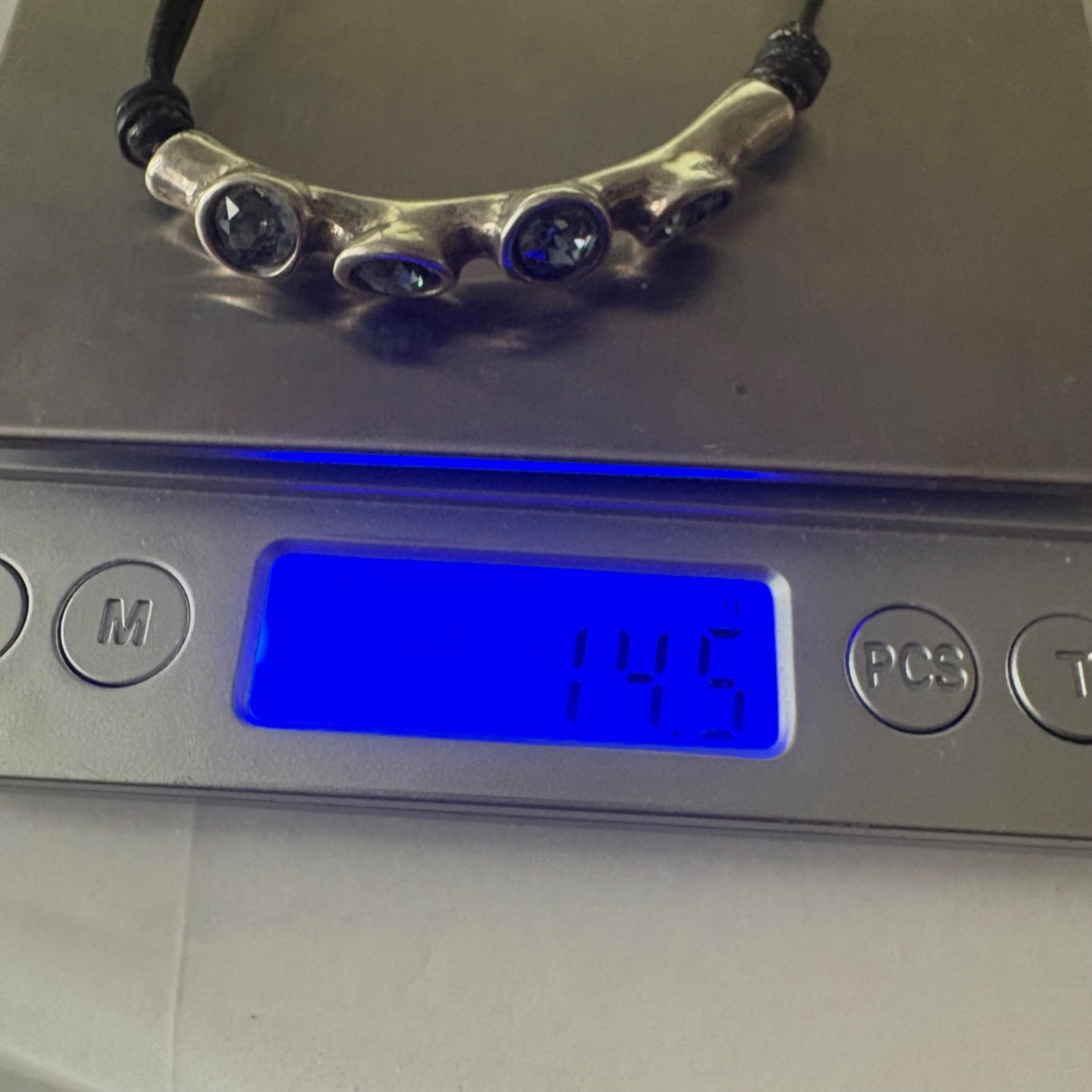 Uno De 50 Industrial Spain Silver-Tone Blue Bar Bezel Crystal Bracelet 14.5g