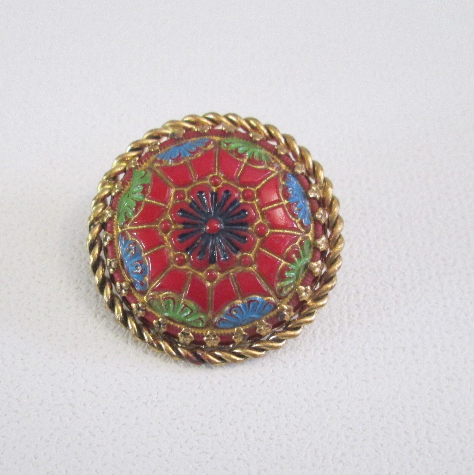 Multicolor Enamel Round Dome Pin Goldtone Rope Border Brooch Made In Germany