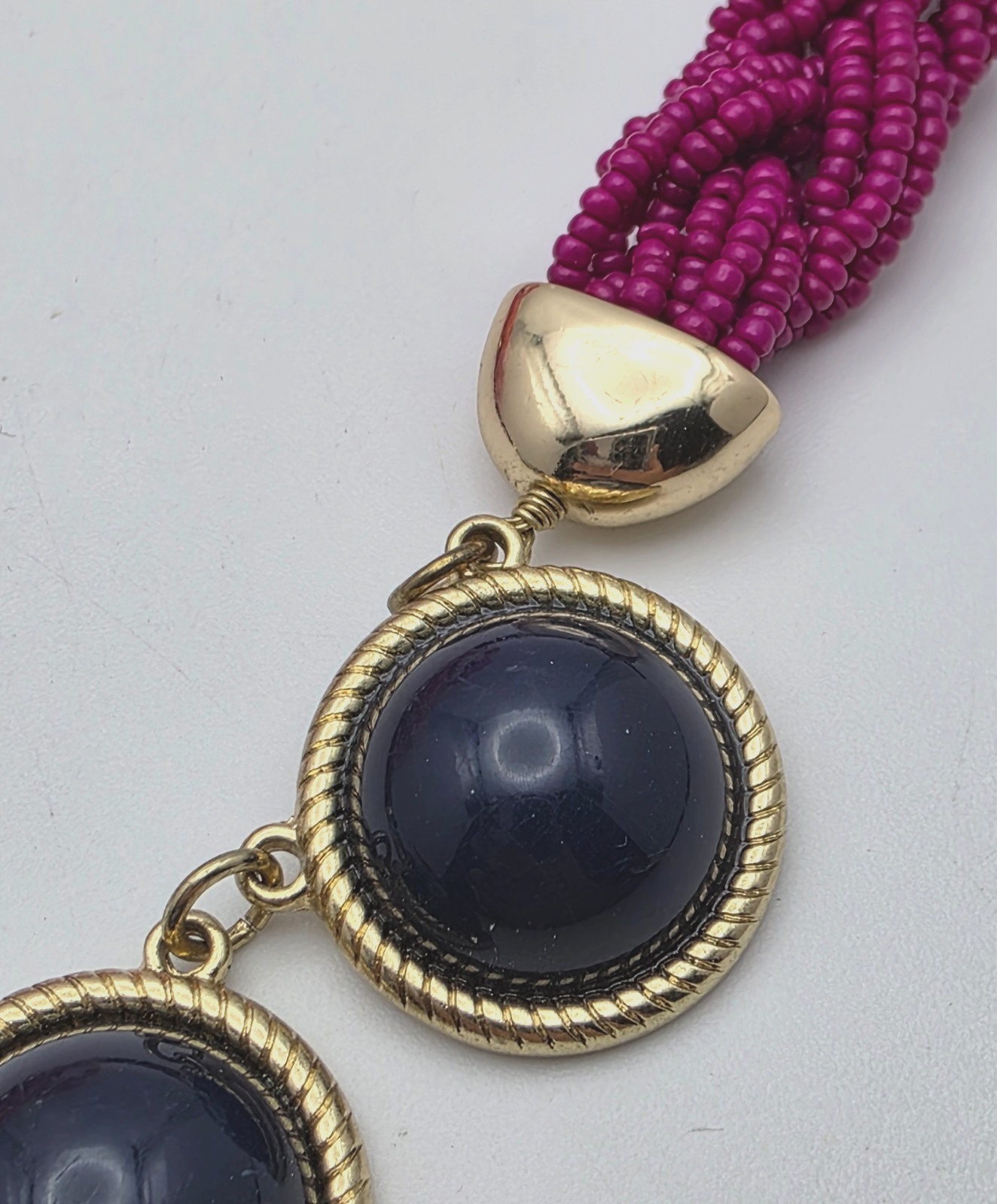 Talbots Fuchsia Seed Bead Braided Bib Necklace Navy Cabochon Gold Tone 21 in