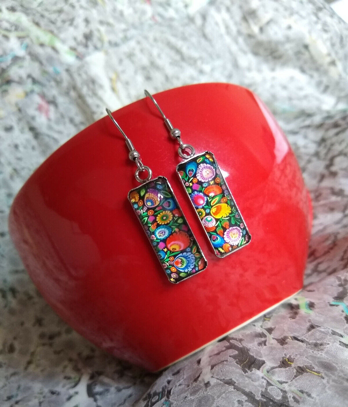 Polish Folk Art Painting Floral Glass Dangle Earrings Handmade Vibrant Unique 