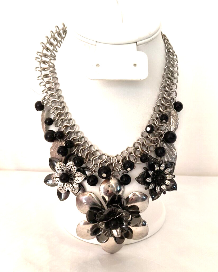 Silver Tone & Black Women’s Statement Necklace Flower Shapes Adjustable Length
