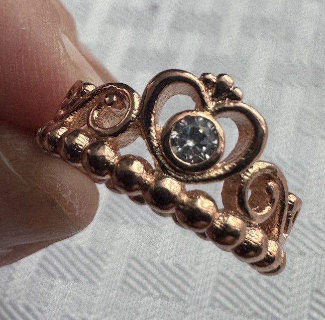 Rose Gold Tone Crown Ring Clear Stone Princess Style Costume Jewelry
