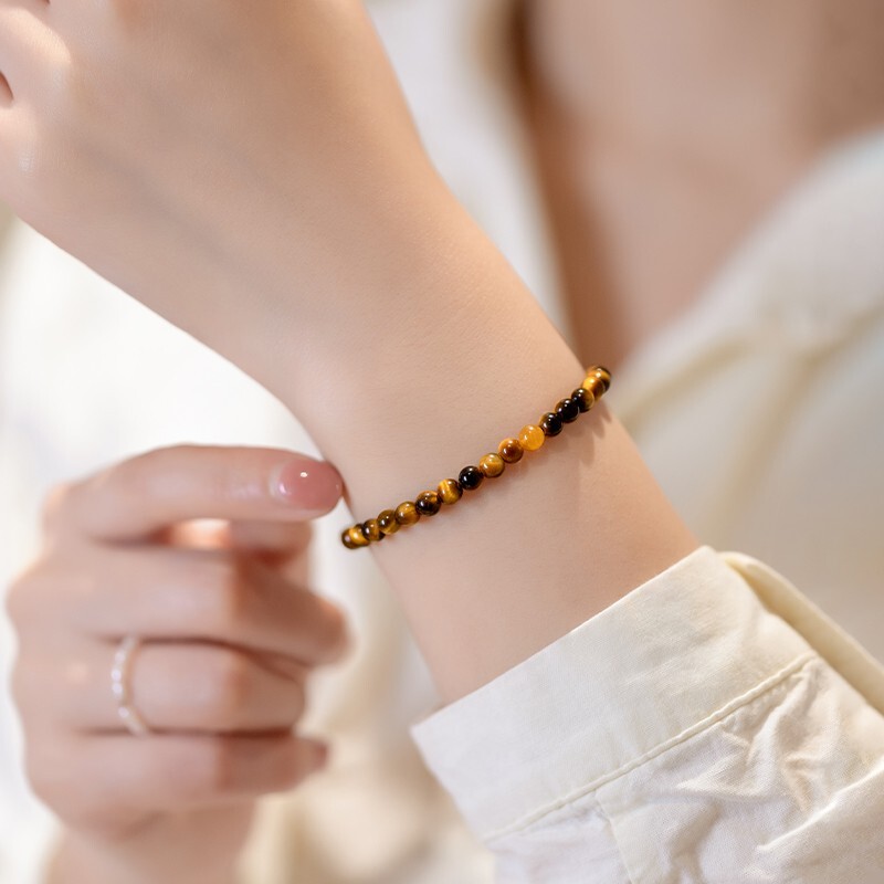 Natural 4mm Tiger’s Eye Stone Dainty Bracelet Brown Gemstone Minimalist Bracelet