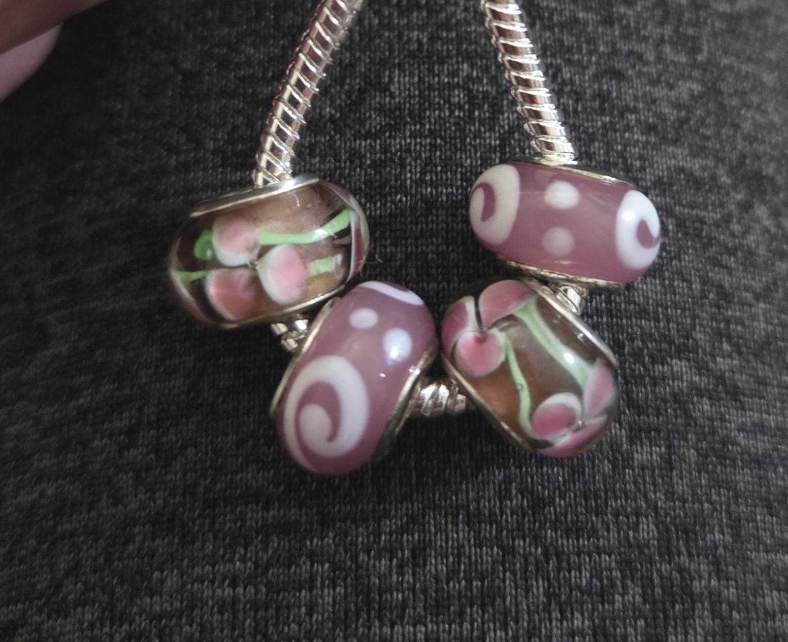 Four Glass European Bead Pink Swirl Flowers 925 Silver Core Charms Murano