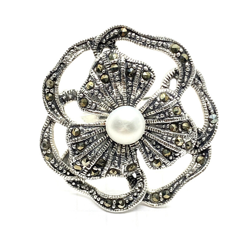 (SIZE 6,7,8,9) Huge FLOWER RING w/ Pearl & Marcasite Stones .925 STERLING SILVER