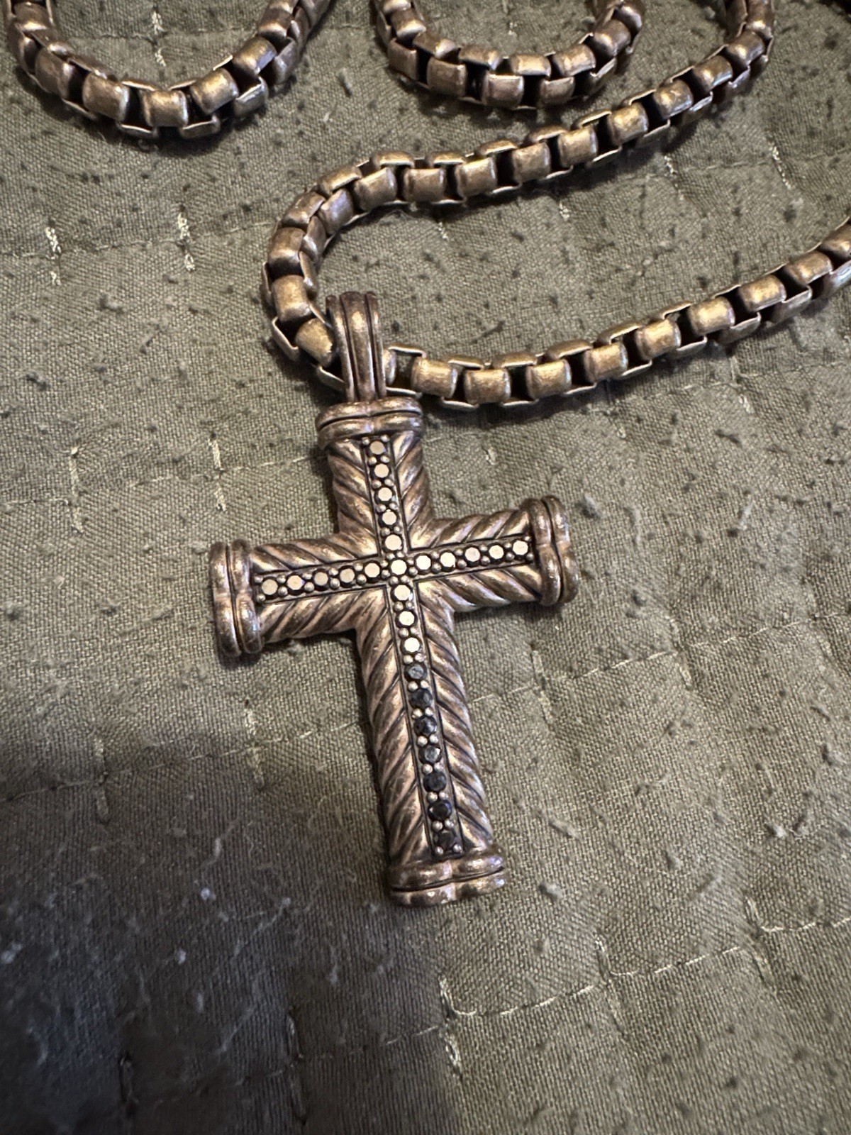 David Yurman 22” 5mm box chain with Large chevron cross with black diamonds