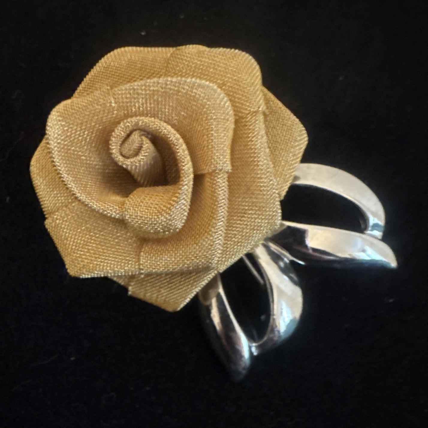 Avon Signed Fabric Rose Flower Brooch Pin, Gold Tone, Silver Tone Leaves