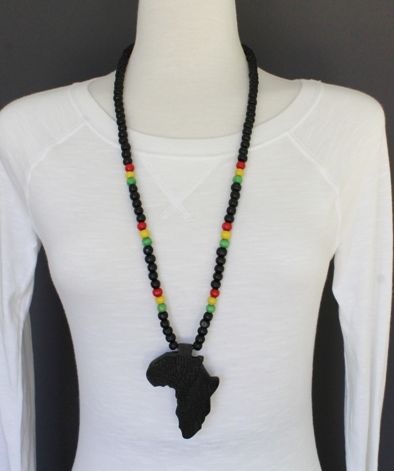 Black wooden africa pendant necklace beads chain african map continent wood long