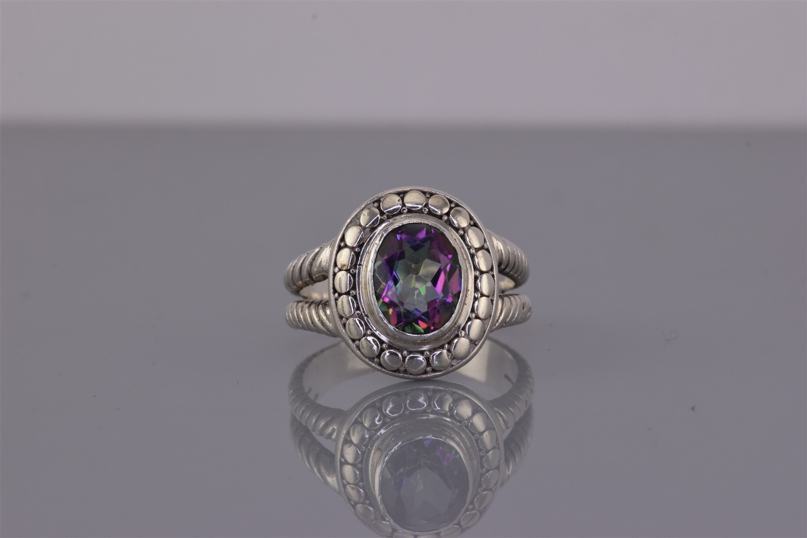ATI ID Sterling Silver Oval Button Accent Mystic Topaz Cable Band Ring 925 Sz: 9