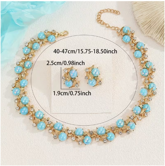 JEWELRY SET-Elegant Blue Flower Gold Tone Necklace Set with Rhinestone Accents