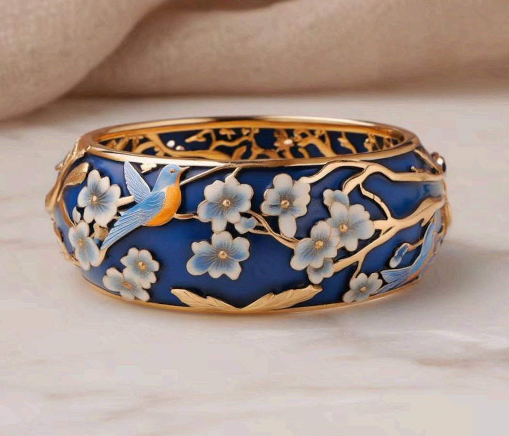 Champleve Enamel Flower Ring Stainless Steel Blue Bird