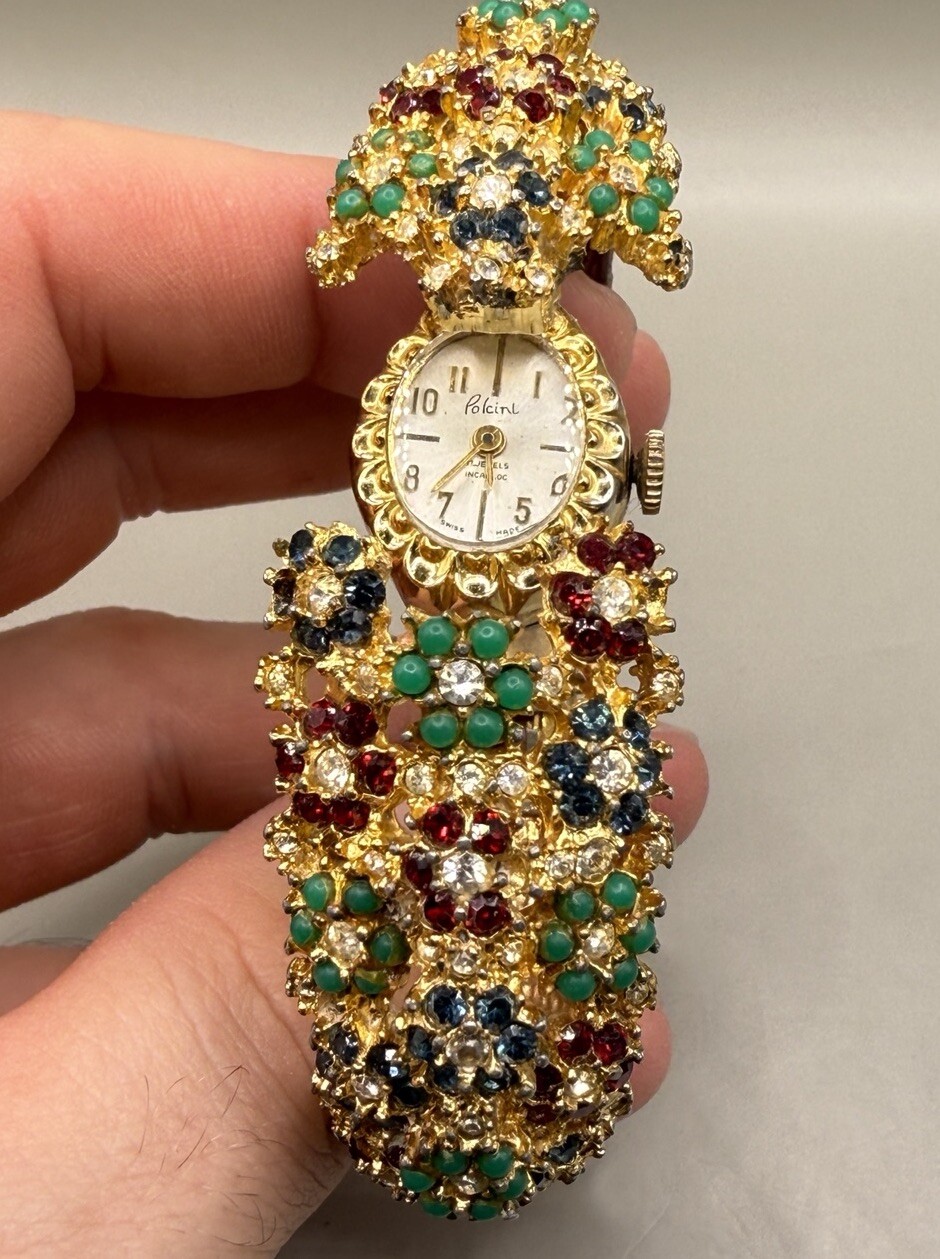 Ladies Vintage Cocktail Statement Bangle Swiss Watch Rhinestone Glass Gold Tone