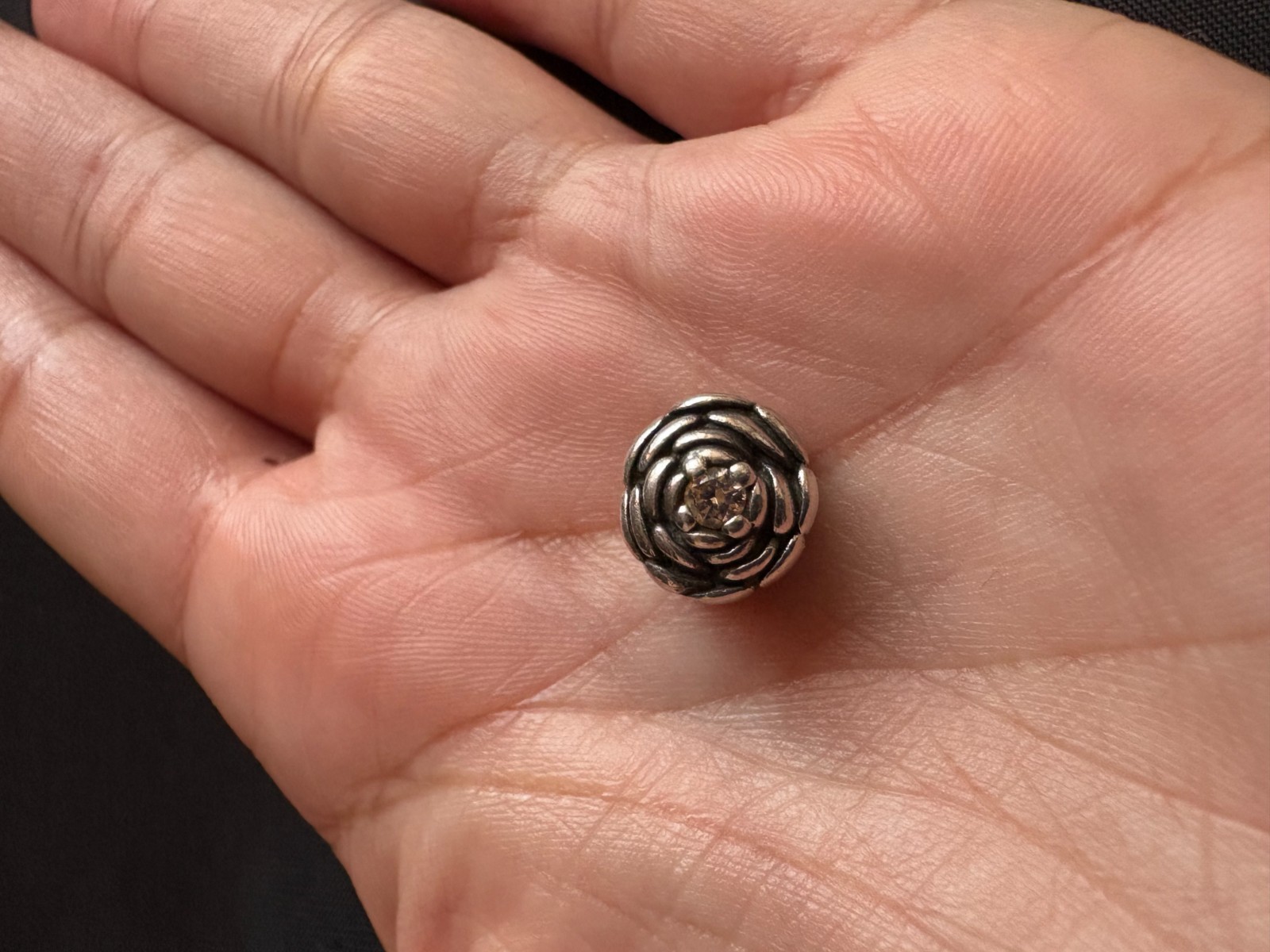 Pandora 925 ALE Sterling Silver Blooming Rose Champagne CZ Bead Charm