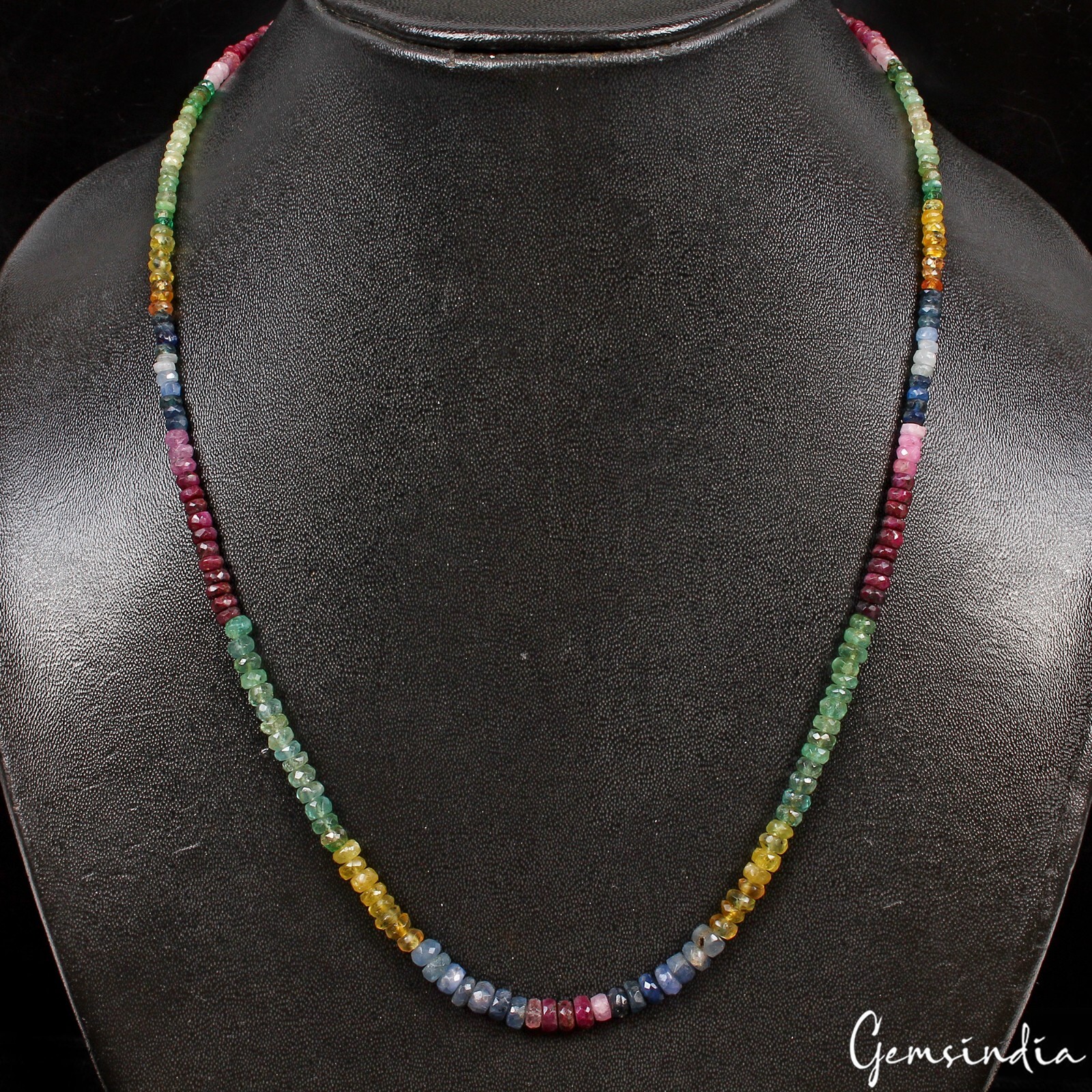 Natural Multi Color Ruby Emerald Sapphire Rondelle faceted Beads Necklace 19 In
